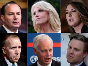 This combination of file pictures shows (L-R, top to bottom) US Senator Mike Lee, Republican of Utah, in Washington, DC on December 13, 2018; Counselor to the President Kellyanne Conway in Washington, DC on August 26, 2020; Republican National Committee Chair Ronna McDaniel in Washington, DC, on August 24, 2020; US Senator Thom Tillis, republican of North Carolina, in Aliaga, Turkey, on April 16, 2018;