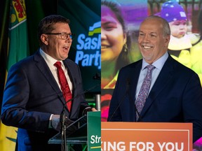 Saskatchewan Premier Scott Moe, left, and B.C. Premier John Horgan celebrate their recent election wins.