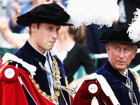 HRH Prince William arrives next to his father Prince Charles, Prince of Wales as they walk to St. George's Chapel to partake in Garter Day, the 660th Anniversary Service, on June 16, 2008 in Windsor, England.