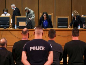 A general view of the courtroom ahead of a trial of leaders and members of the far-right Golden Dawn party at a court in Athens, Greece, Oct. 7, 2020.
