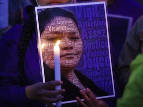 A picture of Joyce Echaquan is seen during a vigil on Tuesday, September 29, 2020 in front of the hospital where she died in Joliette, Que. Advocates say the fate of Echaquan is a tragic example of the systemic racism many Indigenous people face while accessing health care.