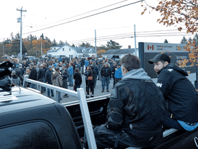 Non-Indigenous commercial fishermen gather to protest against a Mi'kmaq lobster fishery in Barrington Passage, Nova Scotia, October 19, 2020.