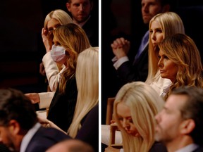 This combination of two photographs shows first lady Melania Trump wearing a face mask and then going without it along with the rest of the Trump family, including (from foreground) Donald Trump Jr., Tiffany Trump, Ivanka Trump and Eric Trump, before the start of the first presidential debate between U.S. President Donald Trump and Democratic presidential nominee Joe Biden in Cleveland, Ohio, U.S., September 29, 2020.