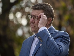 Saskatchewan Party Leader Scott Moe speaks at a media event in the driveway of a supporter's home in Saskatoon, Wednesday, September 30, 2020.