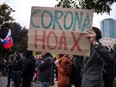 A protester holds up a placard reading 'Corona Hoax' as hundreds of far-right voters of Kotleba's LSNS party protest against the government of Igor Matovic and precautionary measures against the spread of the novel coronavirusin front of the Government Office in Bratislava on Oct. 17, 2020.