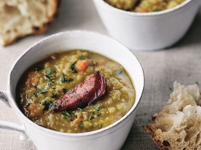 Split pea soup with crispy kielbasa from Modern Comfort Food