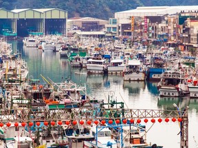 Hundreds of fishing boats moored at the popular seaside town Suao Harbour in Taiwan.
