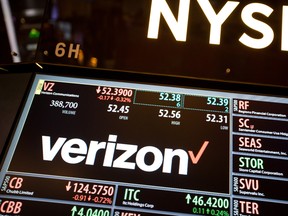 Verizon Communications Inc. signage is displayed on a monitor on the floor of the New York Stock Exchange (NYSE) in New York, U.S., on Monday, Sept. 26, 2016.