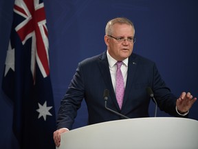 Australian Prime Minister Scott Morrison speaks to the media during a news conference in Sydney on July 27.