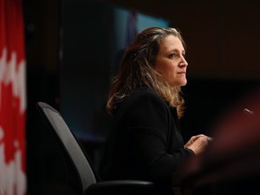 Chrystia Freeland listens during a news conference in Ottawa, Ontario, Canada, on Thursday, Sept. 24, 2020.
