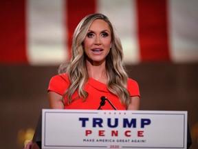 In this file photo taken on August 26, 2020 Lara Trump, wife of U..S President Donald Trump's son Eric, addresses the Republican National Convention in a pre-recorded speech at the Andrew W. Mellon Auditorium in Washington, DC.