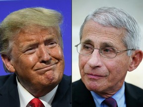 U.S. President Donald Trump in Phoenix, Arizona, June 23, 2020 and Anthony Fauci, director of the National Institute of Allergy and Infectious Diseases in Washington, DC on April 29, 2020.