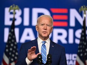 Democratic Presidential candidate Joe Biden speaks at the Chase Center in Wilmington, Del., on Nov. 4.