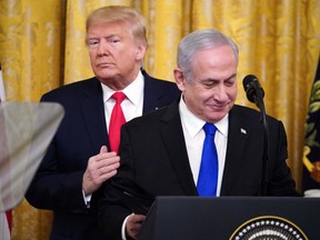 U.S. President Donald Trump, left, and Israeli Prime Minister Benjamin Netanyahu announce Trump's Middle East peace plan in the White House in Washington, D.C., on Jan. 28.
