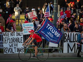 Supporters of US President Donald Trump rally after Democratic nominee Joe Biden won the 2020 presidential election, in Beverly Hills, California, on November 7, 2020.