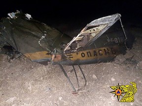 This handout picture taken on November 9, 2020 and provided by the Armenian Emergency Situations Ministry, reportedly shows the remains of a Russian helicopter that was shot down in Armenia near the border with Azerbaijan.