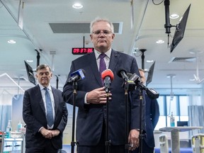 Prime Minister Scott Morrison speaks at a press conference at Scientia Clinical Research in Randwick on November 05, 2020 in Sydney, Australia. PHOTO BY BROOK MITCHELL/GETTY IMAGES.