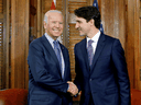 Prime Minister Justin Trudeau with U.S. Vice President Joe Biden during a meeting in Trudeau's office on Parliament Hill, December 9, 2016.