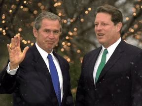 The 2000 U.S. election involving Republican George W. Bush, left, and Democrat Al Gore was stuck for weeks without a winner as the result in Florida was subject to recounts and court challenges ultimately ending in mid-December.