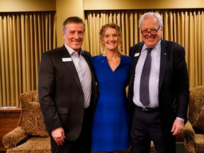 Geoff Cumming, Shauna Curry, CAWST CEO, and David O’Brien at a dinner in 2019 celebrating the launch of the O’Brien-Cumming Match.