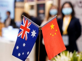 Australian and Chinese flags are seen at the third China International Import Expo (CIIE) in Shanghai, China November 6, 2020.