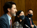 Left to right, Prime Minister Justin Trudeau, Chief Public Health Officer Dr. Theresa Tam and Dr. Howard Njoo, Deputy Chief Public Health Officer, provide an update on the COVID-19 pandemic during a press conference in Ottawa on Friday, Nov. 13, 2020.