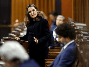 Finance Minister Chrystia Freeland speaks in the House of Commons after unveiling her first fiscal update, in Ottawa, November 30, 2020.