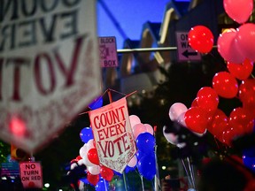 Signs and balloons are displayed at a "Count Every Vote" dance party outside of the Philadelphia Convention Center, where votes were still being counted two days after the 2020 U.S. presidential election, on Nov. 5, 2020.
