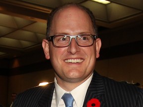 Newly elected mayor Drew Dilkens is all smiles as he enters the Caboto Club on Monday, Oct. 27, 2014. PHOTO BY JASON KRYK/The Windsor Star.