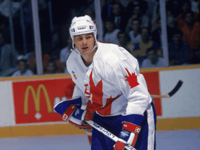 Dale Hawerchuk of Team Canada on the ice during the 1987 Canada Cup.