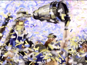 The Winnipeg Blue Bombers celebrate their 2019 Grey Cup win.