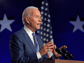 Democratic presidential candidate Joe Biden addresses the nation on November 6, 2020 in Wilmington, Delaware.