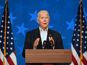 Democratic Presidential candidate Joe Biden speaks in Wilmington, Delaware, on November 5, 2020.