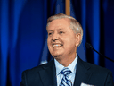 Incumbent candidate Sen. Lindsey Graham (R-SC) celebrates a win during his election night party on November 3, 2020 in Columbia, South Carolina.