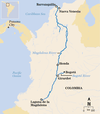 The Magdalena flows south to north, from the department of Putumayo all the way to the ocean at Barranquilla.