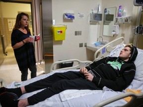 Humboldt Broncos hockey player Ryan Straschnitzki and his mom Michelle at the Foothills Medical Centre in Calgary, on Thursday May 31, 2018.