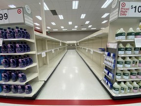 Empty shelving of toilet paper and paper towels is shown at a Target store during the outbreak of the coronavirus disease (COVID-19) in Encinitas, California, U.S., March 29, 2020.