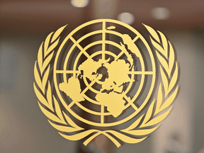 The United Nations logo at the organization's headquarters in New York.