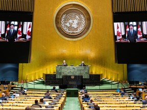 Prime Minister Justin Trudeau speaks via teleconference during the 75th annual UN General Assembly, which was held mostly virtually due to the coronavirus pandemic, in New York, on Sept. 25.