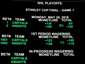 The betting line for Game One of the Stanley Cup Finals in 2018, at a Las Vegas casino. Canada's Criminal Code currently bans wagering on a single sports event.