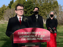 Minister of Environment and Climate Change Jonathan Wilkinson speaks as Prime Minister Justin Trudeau and Minister of Infrastructure and Communities Catherine McKenna hold a press conference in Ottawa on Thursday, Nov. 19, 2020.