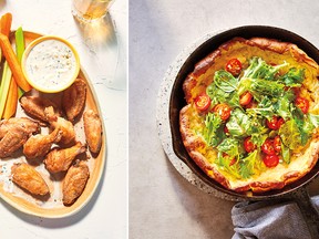 Golden baked wings with creamy dip, left, and cheesy Dutch baby from Dinner Uncomplicated