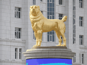 A huge statue of a Turkmen shepherd dog, locally known as Alabai, in Ashgabat, Turkmenistan.
