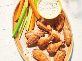 Golden baked wings with creamy dip from Dinner Uncomplicated