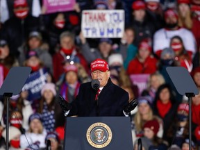 President Donald Trump speaks during a rally on November 3, 2020 in Grand Rapids, Michigan. Trump and Democratic presidential nominee Joe Biden are making last-minute stops in swing states ahead of tomorrow's general election.