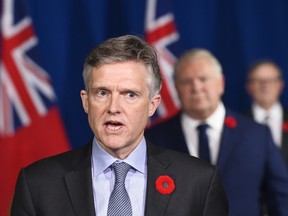 Ontario Finance Minister Rod Phillips speaks at a press conference at Queen's Park during the COVID-19 pandemic in Toronto on Tuesday, November 3, 2020.