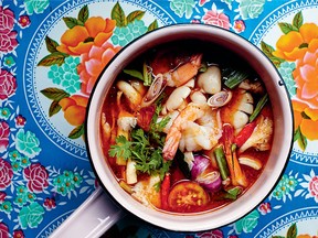 Spicy and sour soup with shrimp and tom yum paste from Kiin