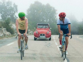 From left, Kyle Marvin, an annoyed French motorist, and Michael Angelo Covino in The Climb.