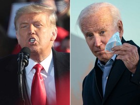 In photos taken on Oct. 30, 2020, U.S. President Donald Trump, left, speaks during a campaign rally in Green Bay, Wis., while president-elect Joe Biden is pictured at a drive-in campaign rally in St. Paul, Min.