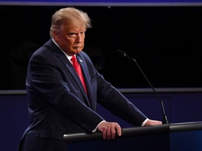 U.S. President Donald Trump pauses during the U.S. presidential debate at Belmont University in Nashville, Tennessee, U.S., on Thursday, Oct. 22, 2020.